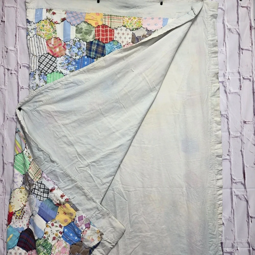 VTG Handmade Hexagon Grandmother Flower Garden Patchwork Antique Quilt 72x70